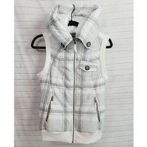 BURTON PLAID HOODED PUFFER VEST IN WHITE, SZ MEDIUM